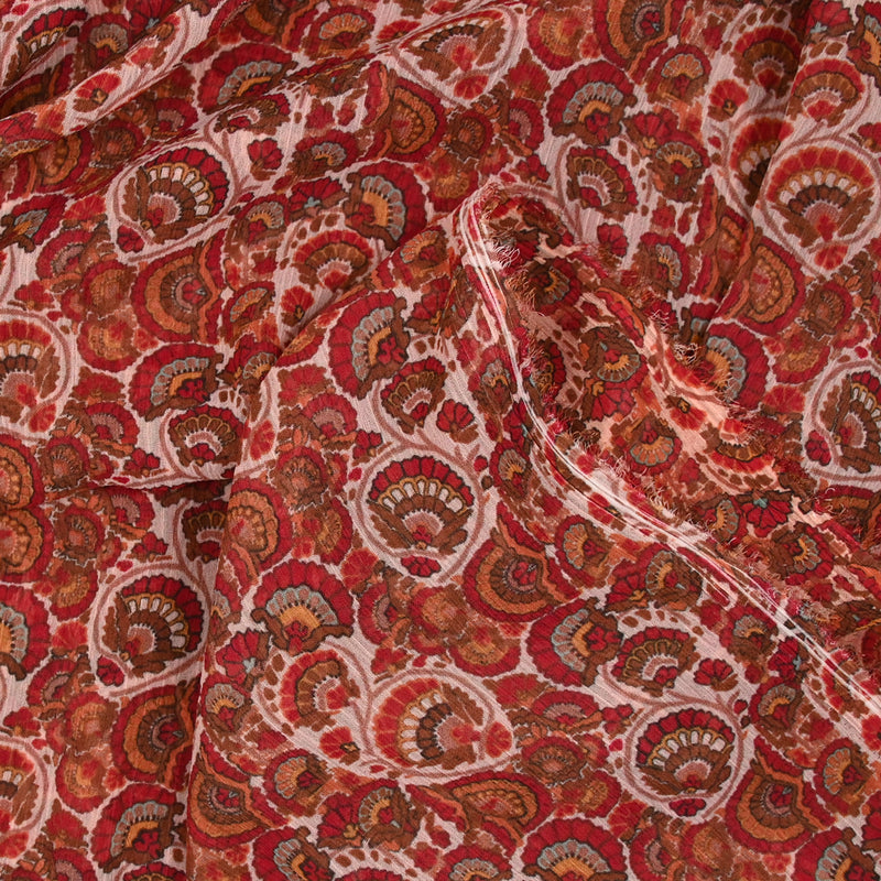 Mousseline crinkle polyester imprimé éventail brique