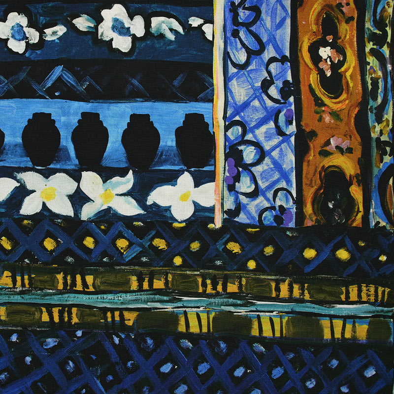 Cotton ottoman and printed viscose yellow and navy painting