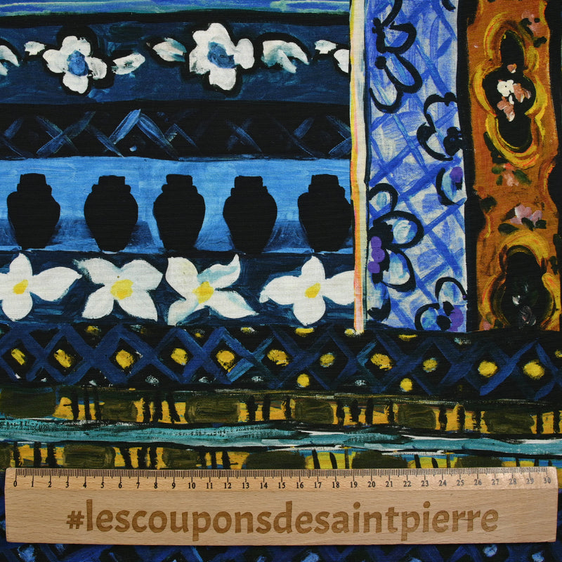 Cotton ottoman and printed viscose yellow and navy painting