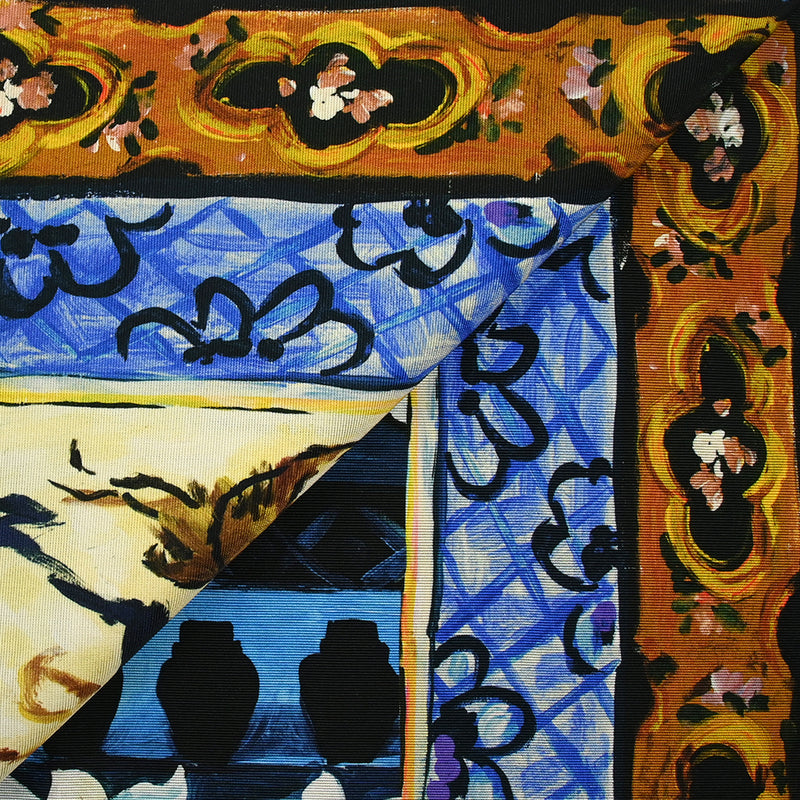 Cotton ottoman and printed viscose yellow and navy painting