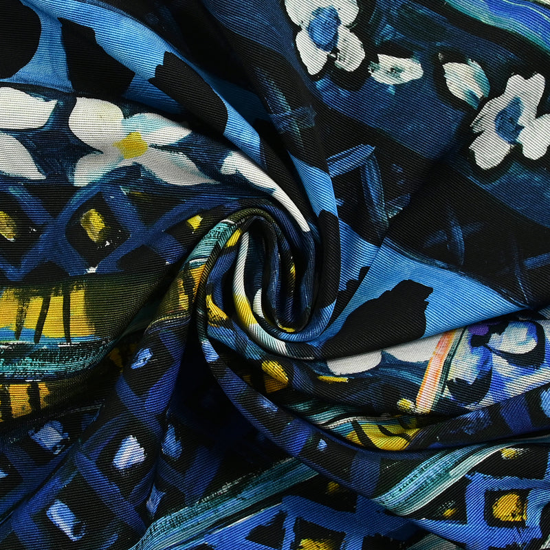 Cotton ottoman and printed viscose yellow and navy painting