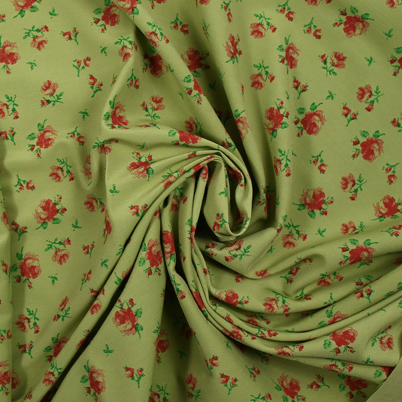 Polyviscose imprimée fleurs rouges fond vert clair