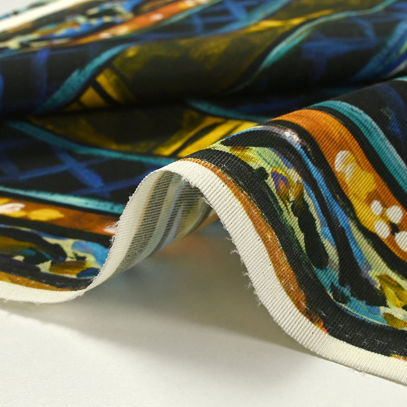 Cotton ottoman and printed viscose yellow and navy painting