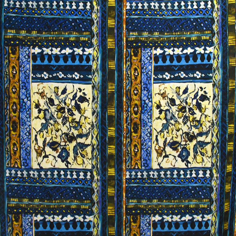 Cotton ottoman and printed viscose yellow and navy painting