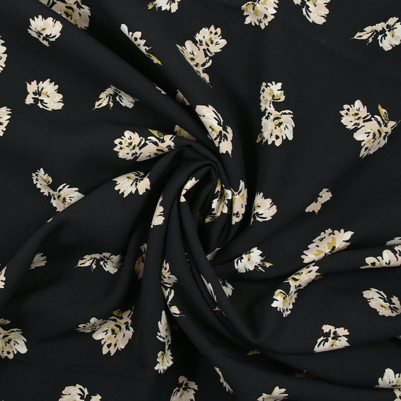 Viscose imprimée Camélia beige et ocre fond noir