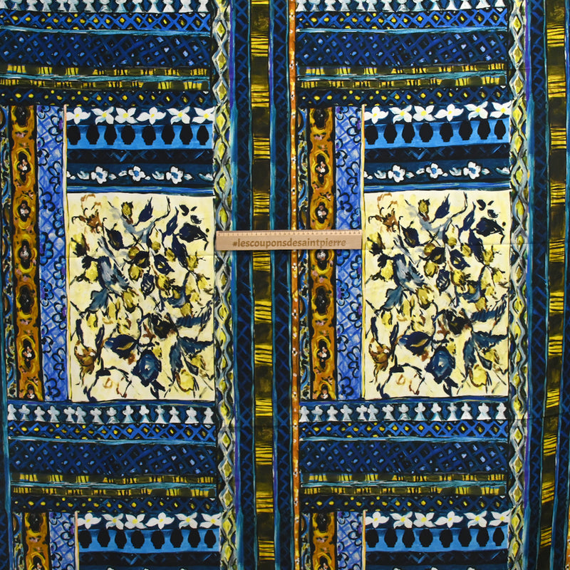 Cotton ottoman and printed viscose yellow and navy painting