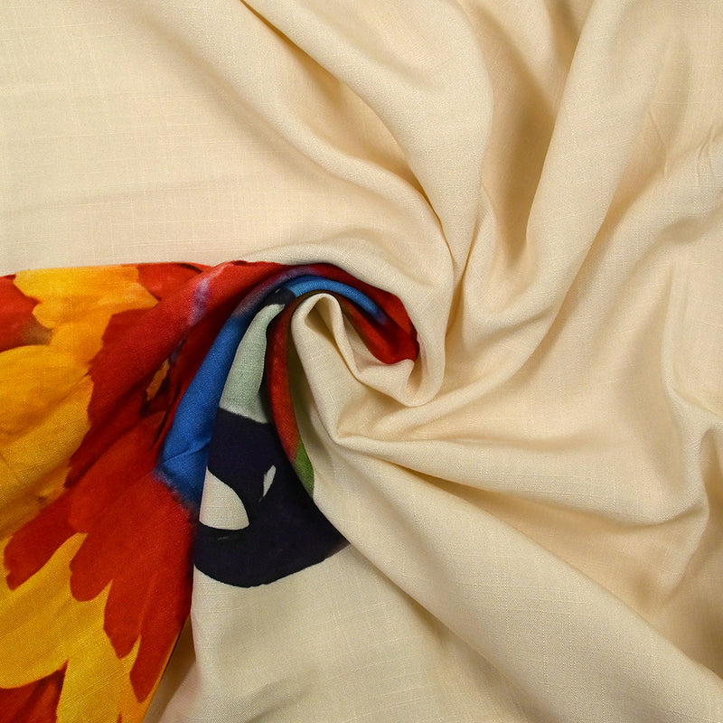 Viscose tissée imprimée perroquets fond écru