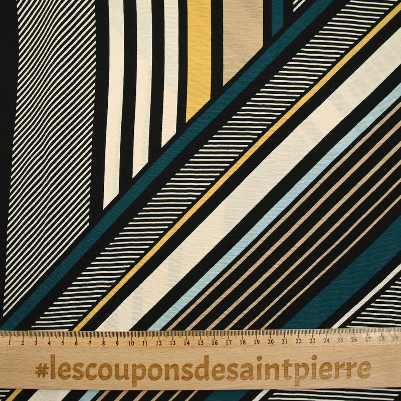 Crêpe viscose léger imprimé horizon et diagonale fond écru