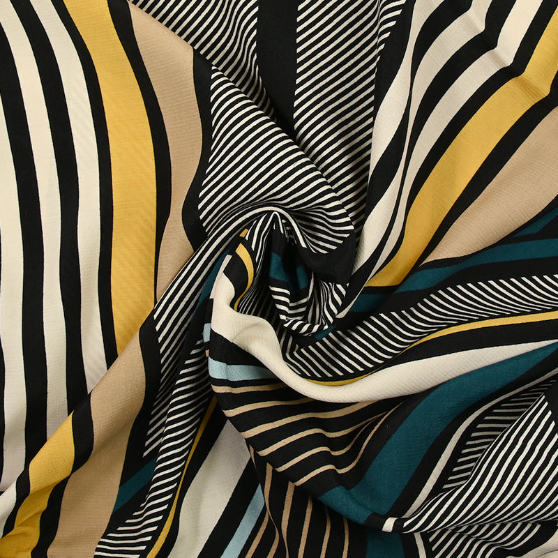 Crêpe viscose léger imprimé horizon et diagonale fond écru