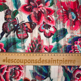 Mousseline imprimée bande satin carnaval de fleurs fond nacre