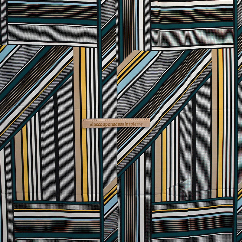 Crêpe viscose léger imprimé horizon et diagonale fond écru