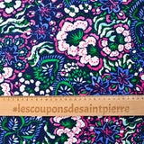 Viscose imprimée jardin secret fuchsia fond marine