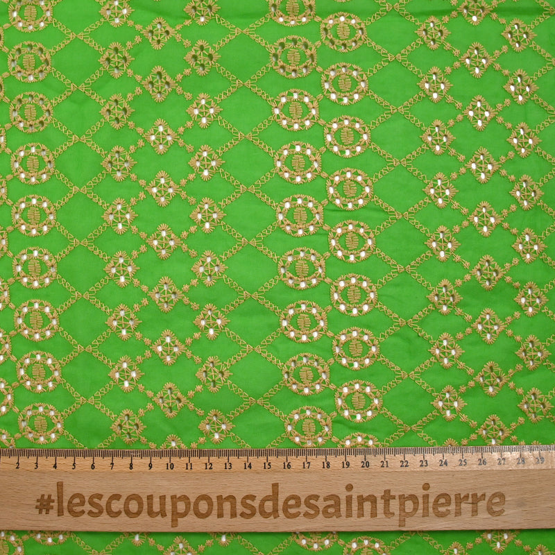 Broderie anglaise festonnée beige Clémence fond vert pomme
