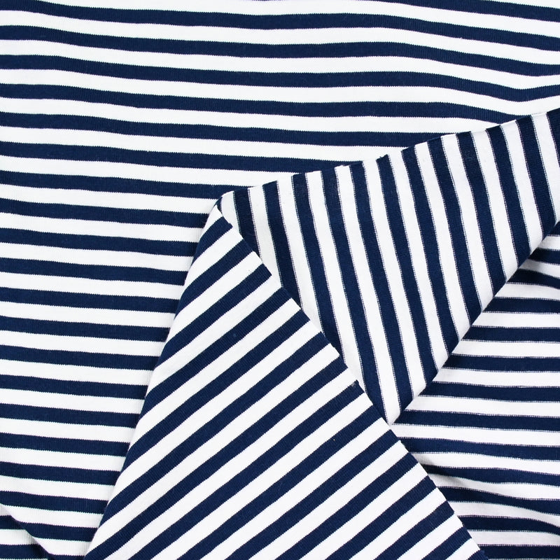 Jersey de coton rayé 5 mm marine et blanc