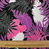 Viscose imprimée végétation tropicale rose et violet fond noir