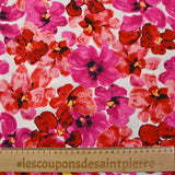 Viscose imprimée peinture florale rouge et rose fond blanc