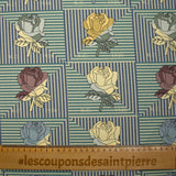 Sergé de coton imprimé roseraie vintage jaune pâle et bleu