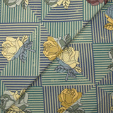 Sergé de coton imprimé roseraie vintage jaune pâle et bleu