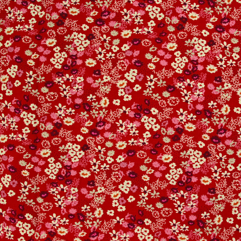 Viscose imprimée tourbillon de fleurs fond rouge