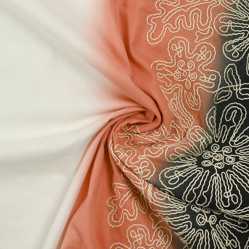 Voile de coton brodé dégradé noir, blanc et pêche