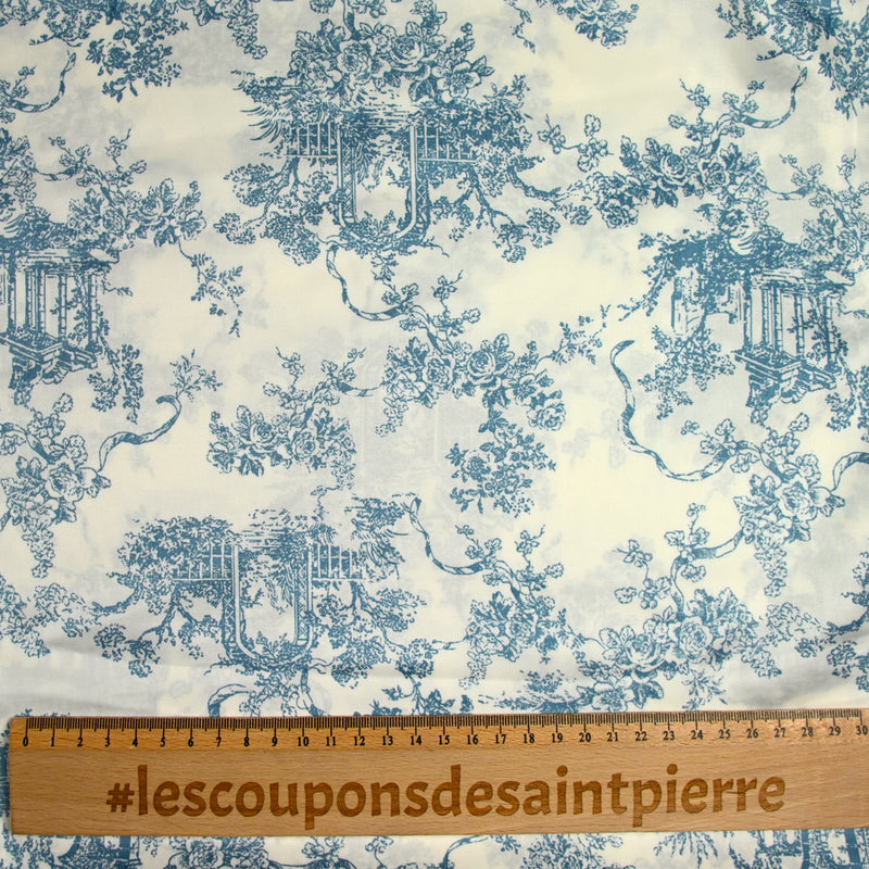 Satin polyester imprimé boudoir bleu fond blanc