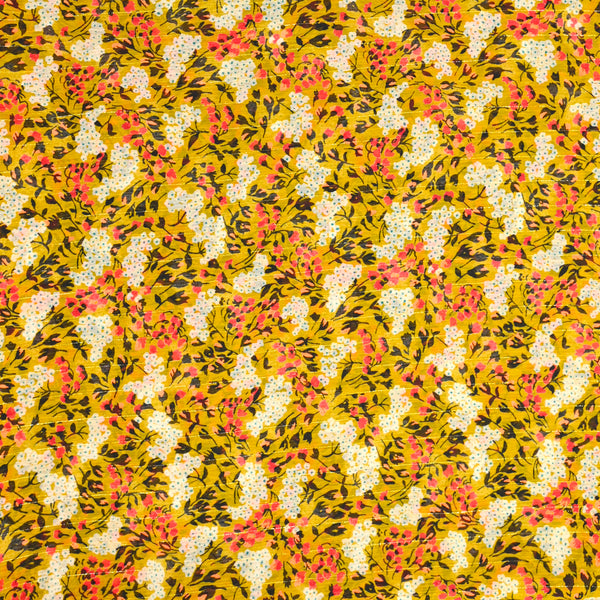Mousseline de polyester imprimée rayée fleurs fond moutarde