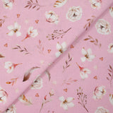 Cretonne de coton imprimée plume et fleur fond rose