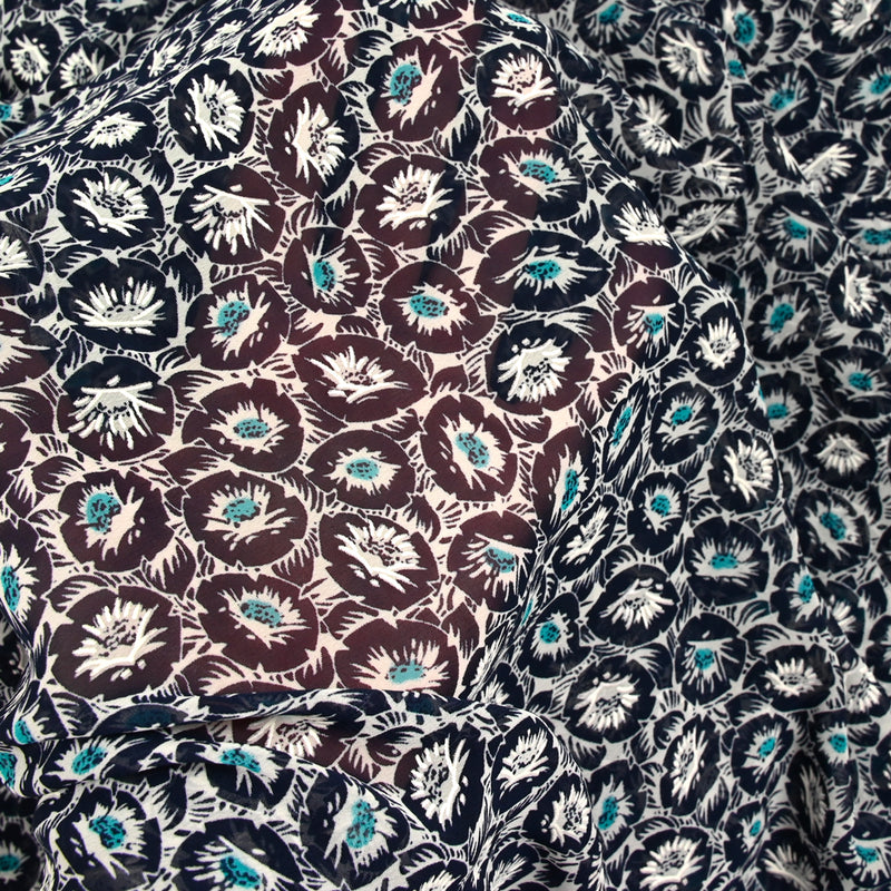 Mousseline imprimée pivoine turquoise fond marine