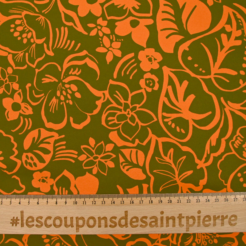 Crêpe lourd imprimé Hawaï orange fond kaki