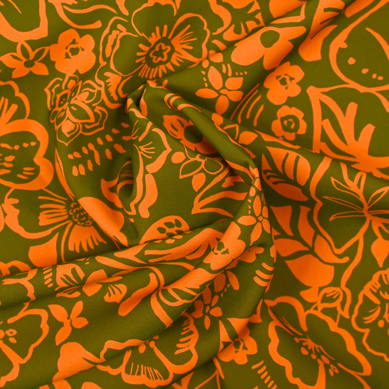 Crêpe lourd imprimé Hawaï orange fond kaki