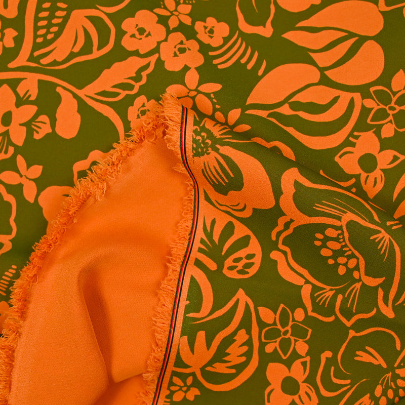 Crêpe lourd imprimé Hawaï orange fond kaki