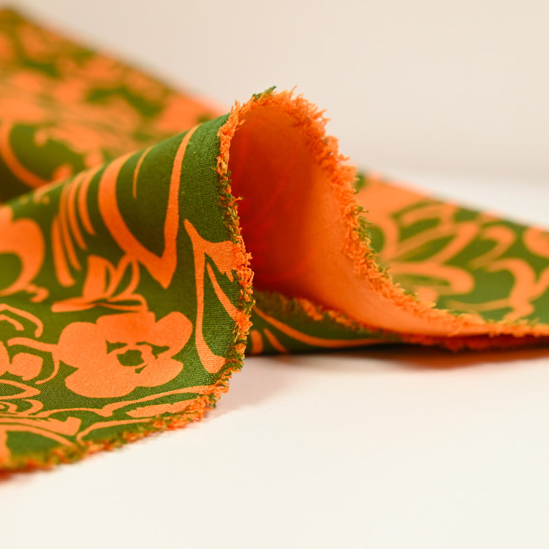 Crêpe lourd imprimé Hawaï orange fond kaki
