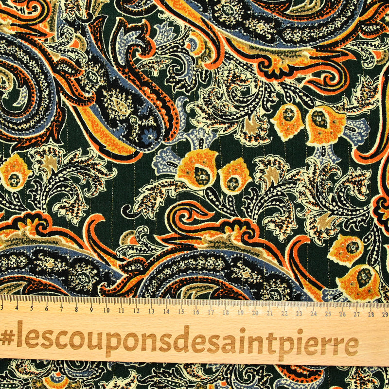 Crépon viscose lurex imprimé arabesque de fleurs fond camel vert foncé