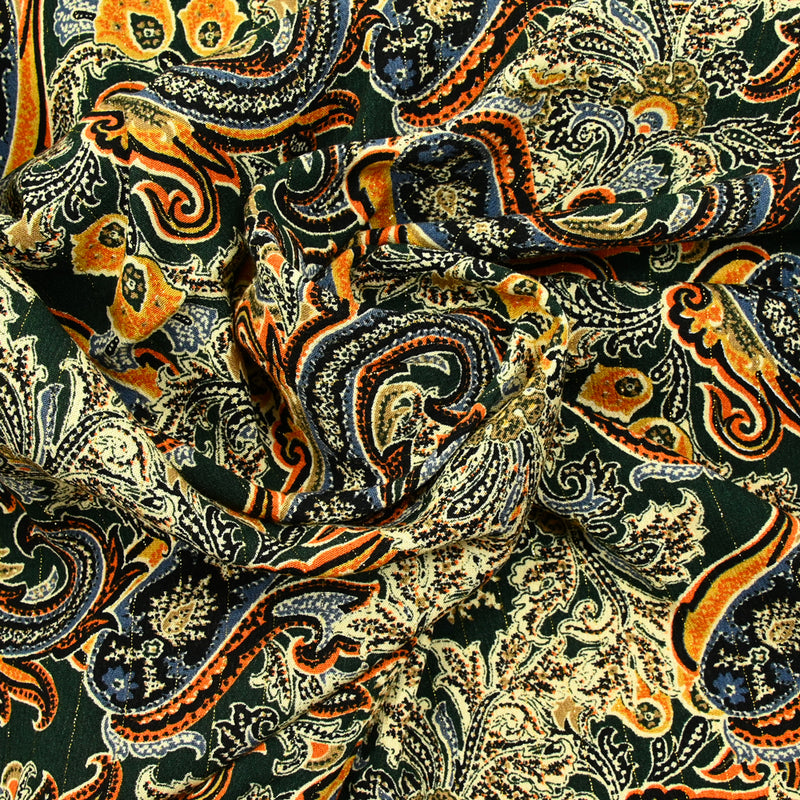 Crecon viscose lurex printed arabesque flowers of dark green camel background