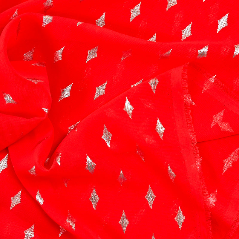 Mousseline imprimée losange argent fond rouge