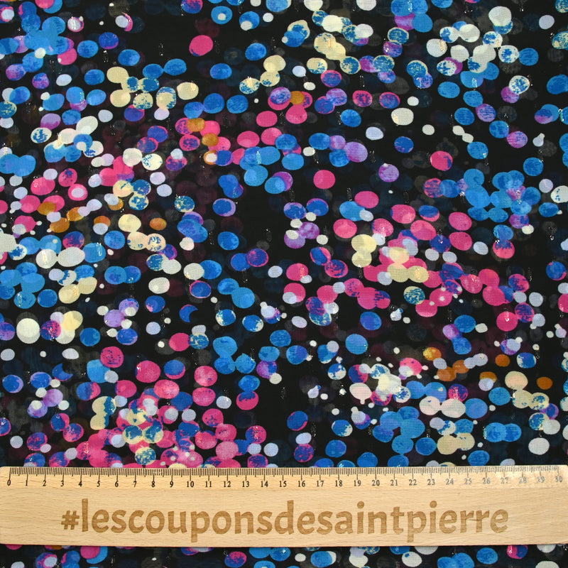 Mousseline imprimée plumetis lurex cellule bleu et rose fond noir