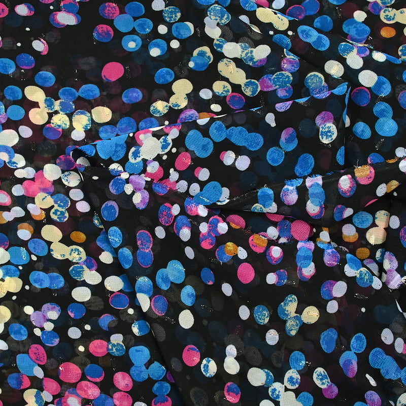 Mousseline imprimée plumetis lurex cellule bleu et rose fond noir