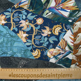 Satin polyester imprimé rêve botanique bleu et camel