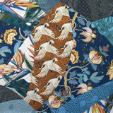 Satin polyester imprimé rêve botanique bleu et camel