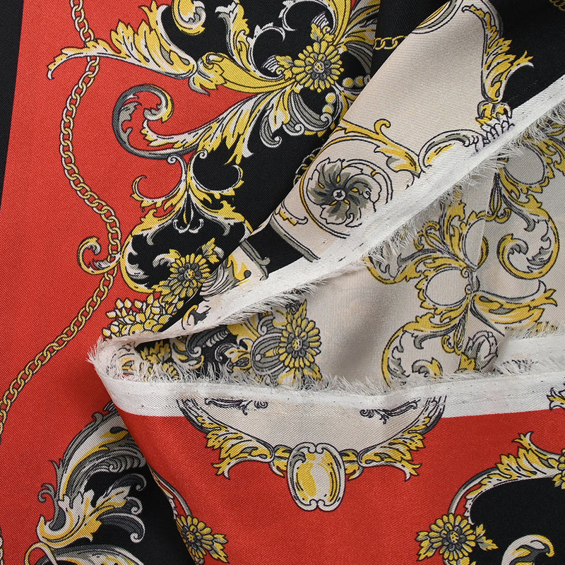 Twill de polyester imprimé moulure et chaîne fond rouge