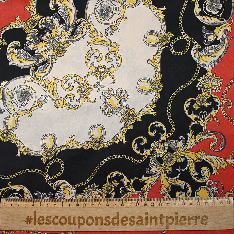 Twill de polyester imprimé moulure et chaîne fond rouge