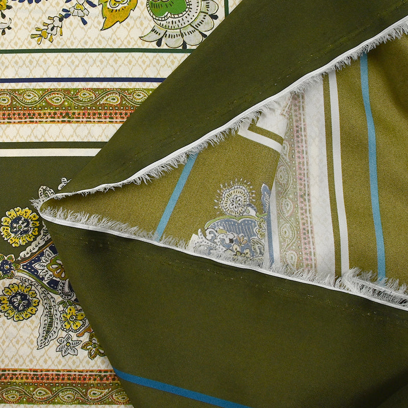 Twill de polyester imprimé cachemire nature fond écru et kaki