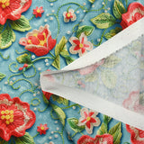 Coton imprimé fleurs en broderie fond bleu