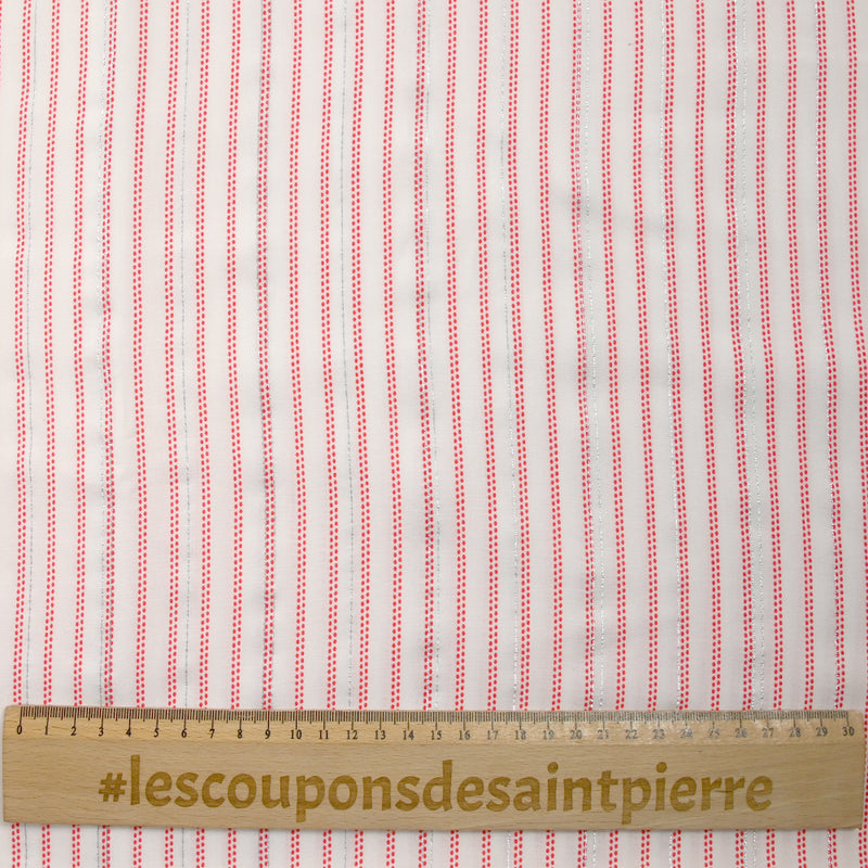 Viscose imprimée rayures à pois rouge et lurex fond blanc