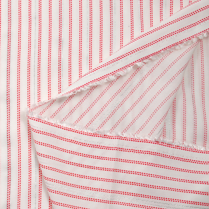 Viscose imprimée rayures à pois rouge et lurex fond blanc