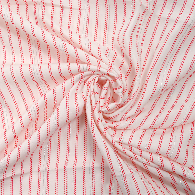 Viscose imprimée rayures à pois rouge et lurex fond blanc