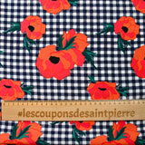 Polyester imprimé à carreaux marine fleurs orange