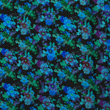 Maille de viscose satinée imprimée champs de fleurs bleu fond noir