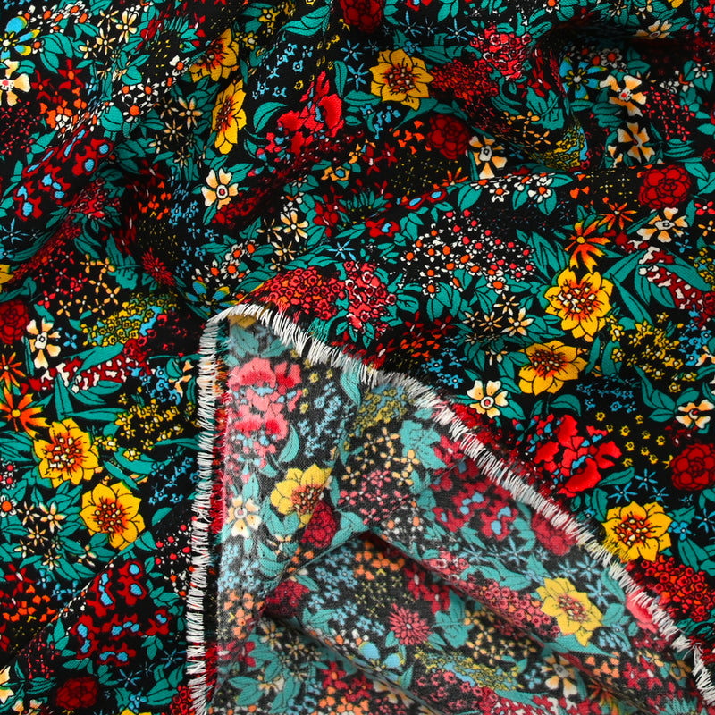 Polyester imprimé tempête de fleurs jaune fond noir