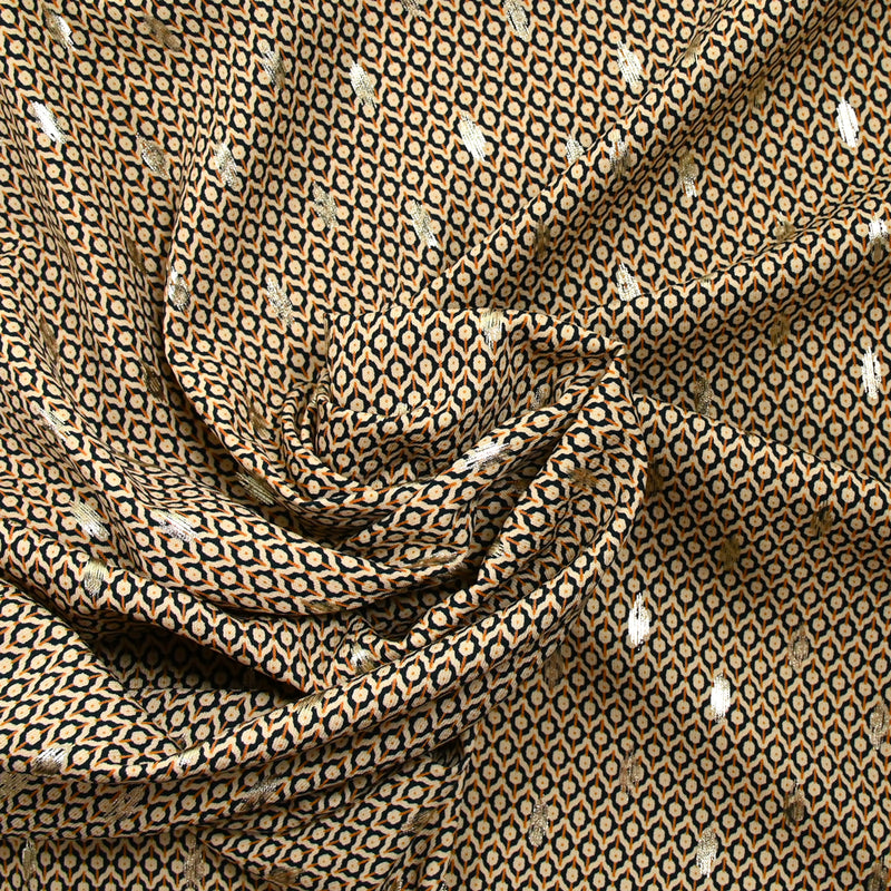 Polyester imprimé fantaisie irisé doré trait camel fond vert forêt